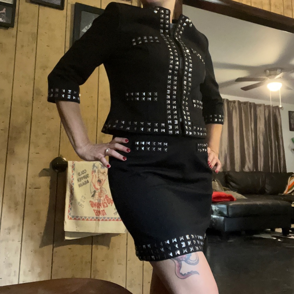 INC black studded jacket blazer and matching skirt